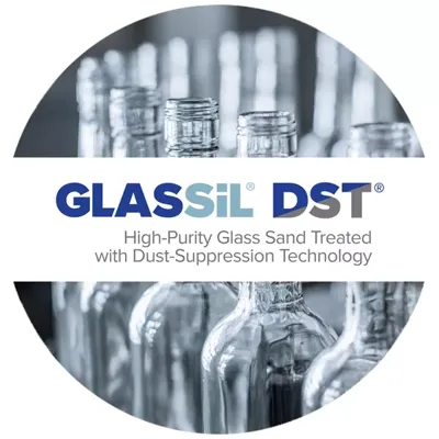 Conveyer belt in glass factory of glass container bottles made with GLASSIL high purity glass sand that has been treated with DST dust suppression technology to provide less dust and a safer working environment in accordance to OSHA silica restrictions.