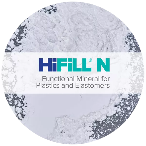Bright white nepheline syenite mineral with HIFILL N functional mineral for plastics and elastomers logo.