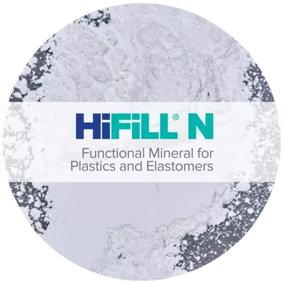 Bright white nepheline syenite mineral with HIFILL N functional mineral for plastics and elastomers logo.