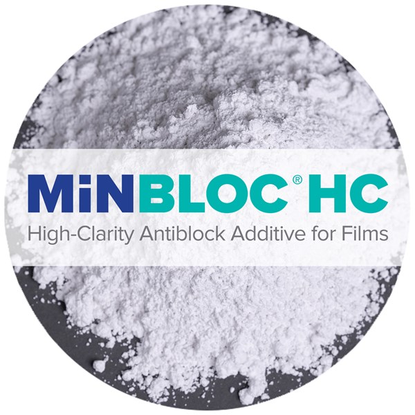 Bright white nepheline syenite mineral with MINBLOC HC high-clarity antiblock additive for films logo.